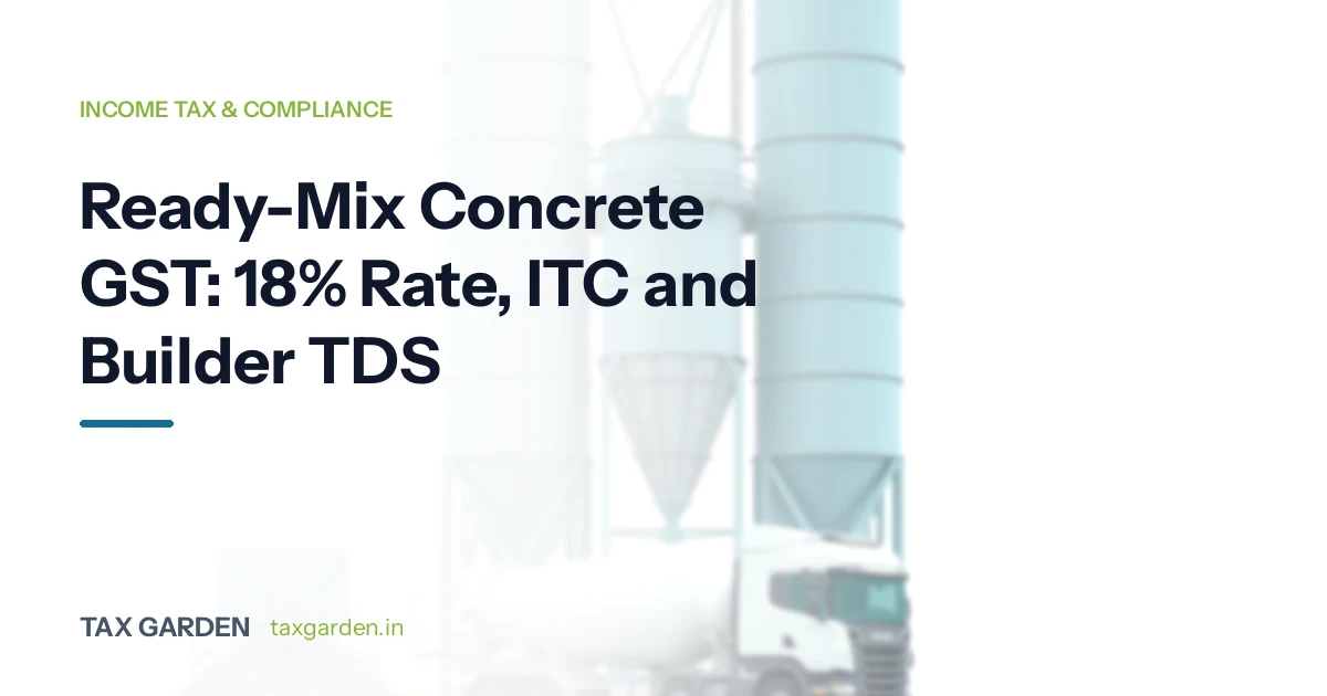 Concrete batching plant with a transit mixer loading at the chute, for a GST and income tax guide for RMC plants